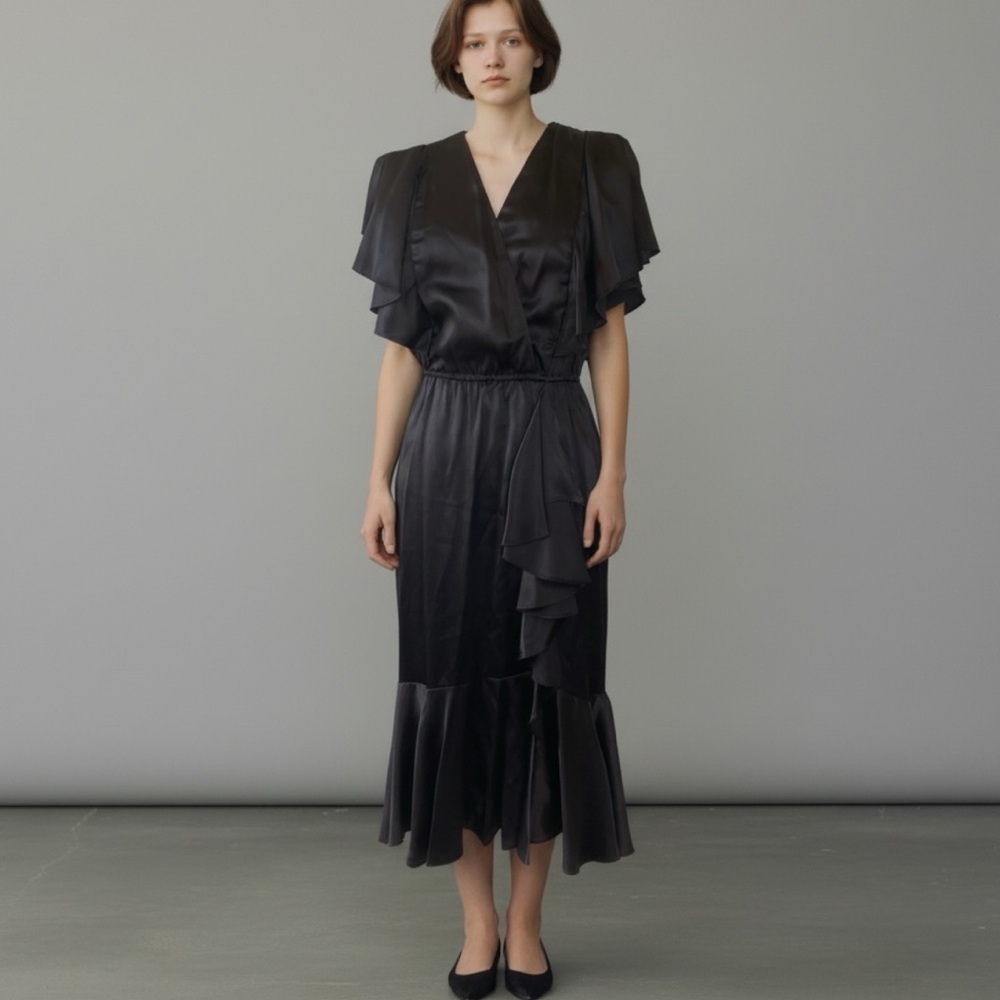 ❤️ Vintage Black Satin Ruffle Faux Wrap 1920’s Gatsby Style Dress